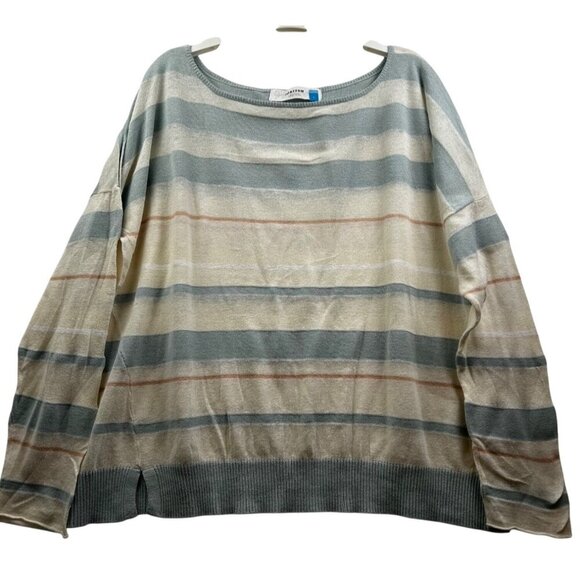 Anthropologie Sparrow Oversized Striped Sweater Cotton Linen Blend Cream Blue L - Picture 1 of 5